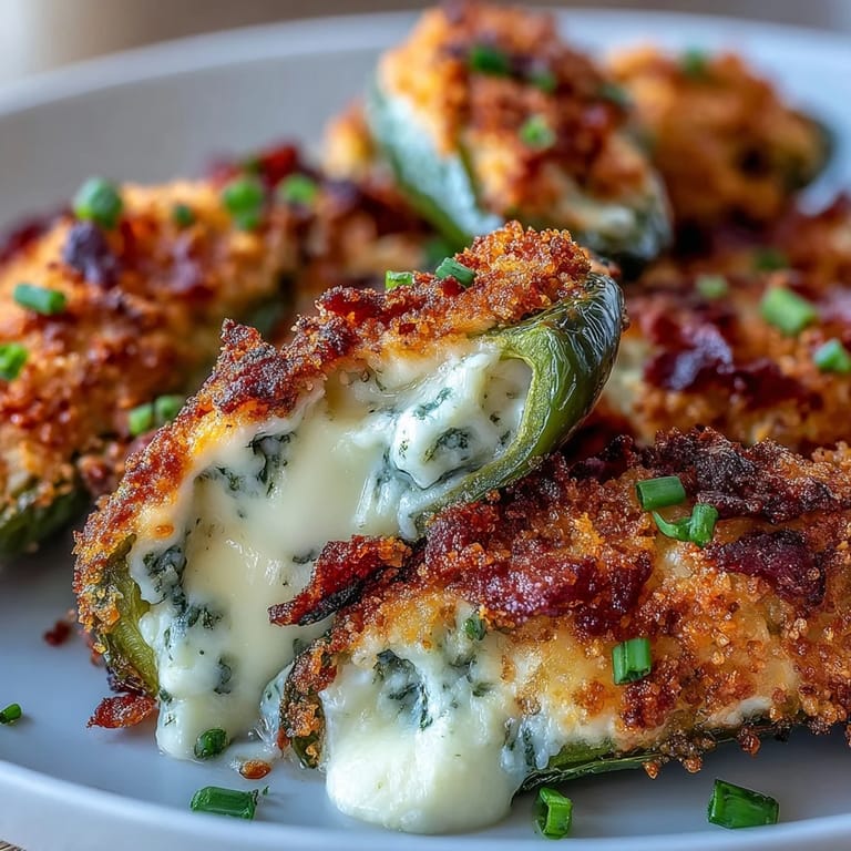 Close-up of crispy Air Fryer Jalapeño Poppers showing melted cheese and fresh chive garnish.