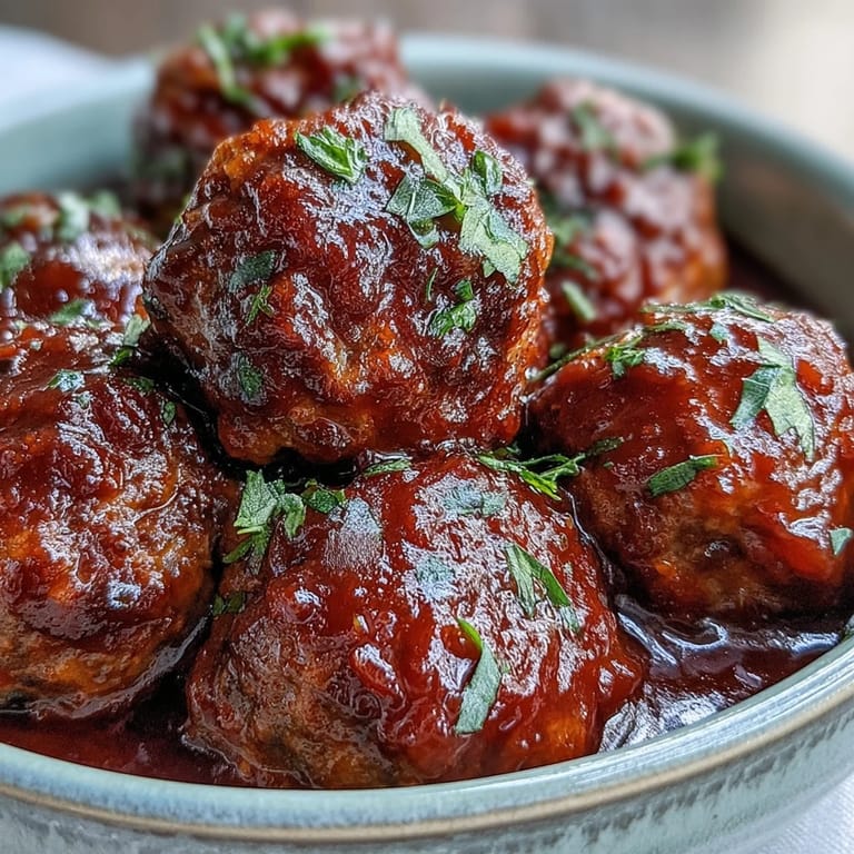 Close-up of slow cooker grape jelly and chili sauce meatballs, ready to serve.