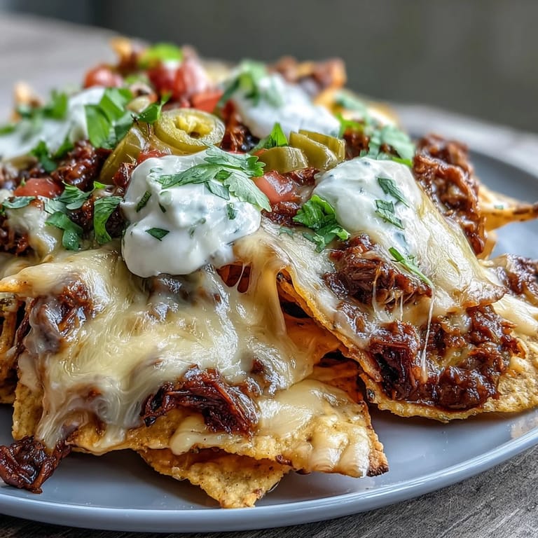 A colorful serving of BBQ Beef Nachos, perfect for your next party.