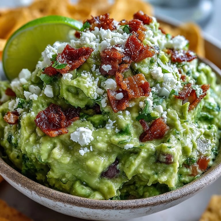 Tangy Bacon Guacamole With Cotija Cheese, garnished with fresh cilantro and lime chunks.