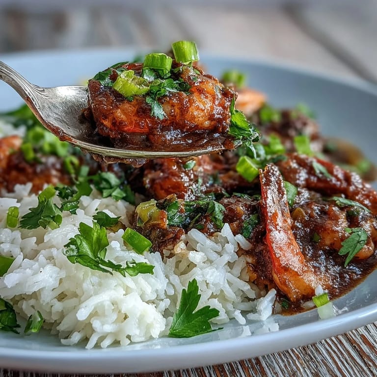 Hearty Classic New Orleans Étouffée with plump shrimp and a velvety roux, paired with fluffy white rice and a sprinkle of fresh parsley.