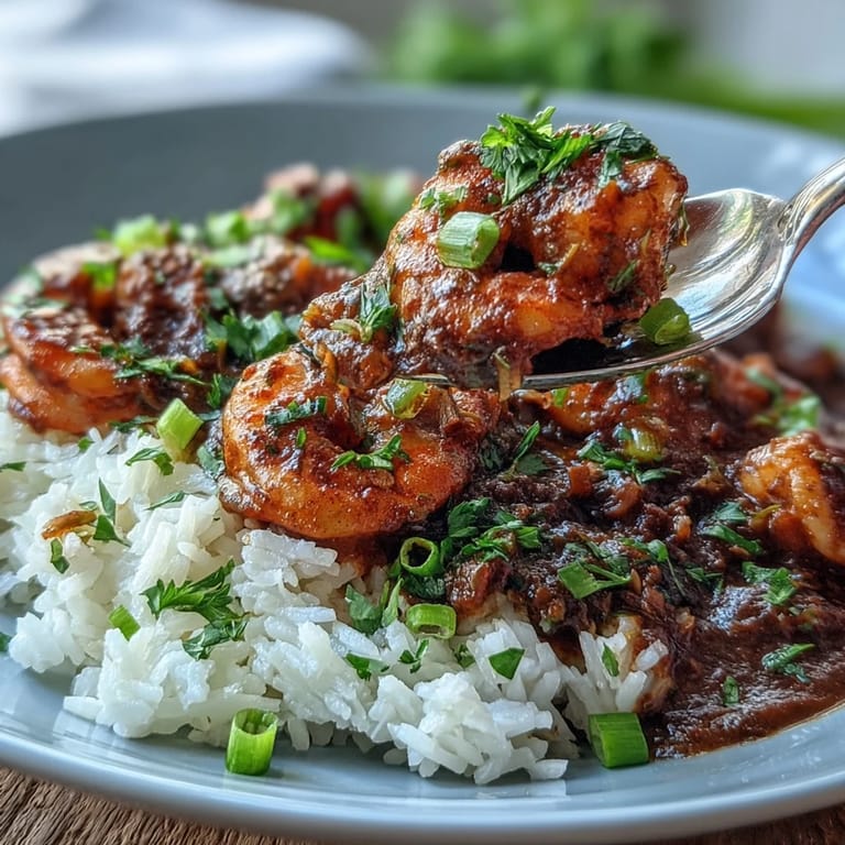 Classic New Orleans Étouffée features tender shrimp in a deep, savory sauce, finished with green onions and a steaming bowl of rice.