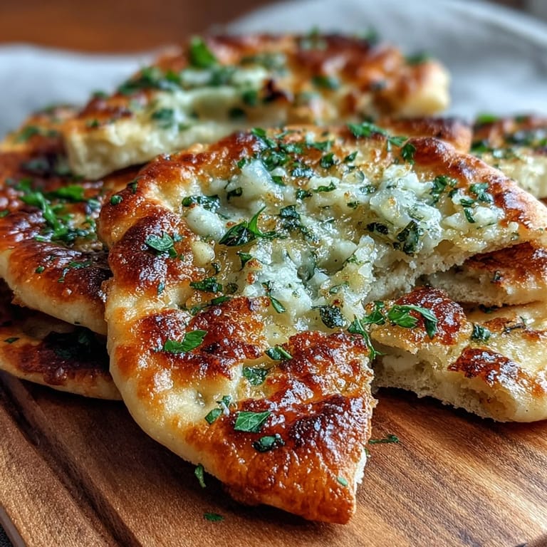 Warm, fluffy Easy Garlic Naan Bread stacked on a wooden board, ready to scoop up rich curry or serve alongside a hearty meal.