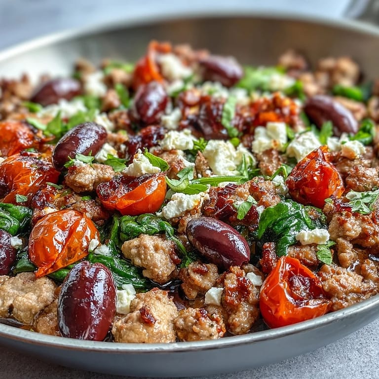 A finished skillet of Mediterranean Keto Ground Chicken topped with crumbled feta, fresh parsley, and lemon wedges.