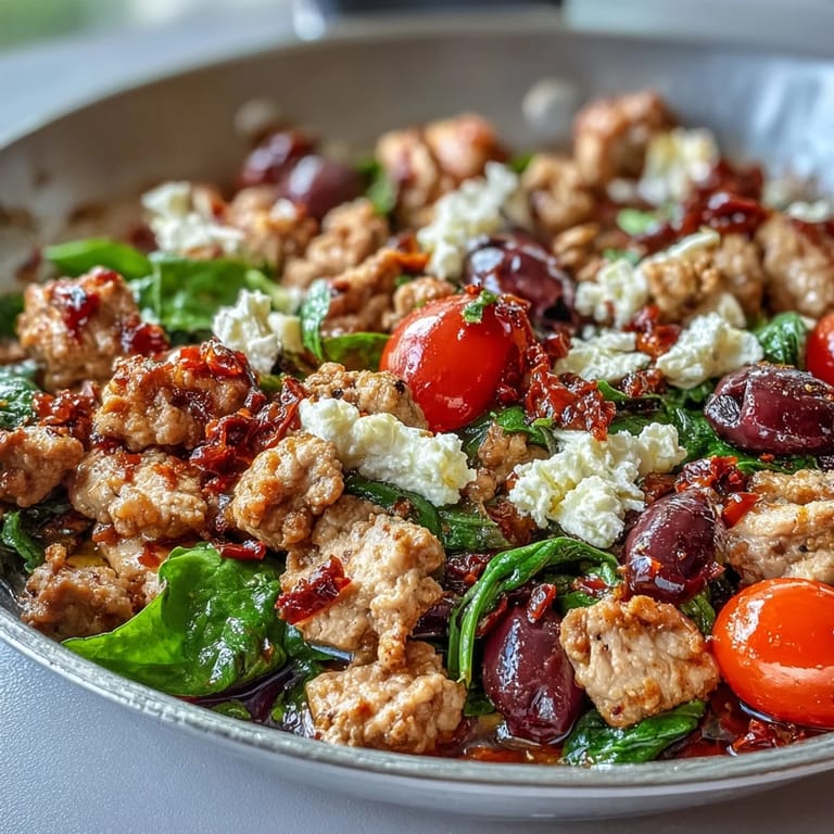 Close-up of Mediterranean Keto Ground Chicken Skillet showing juicy ground chicken, spinach, and briny olives on a rustic table.