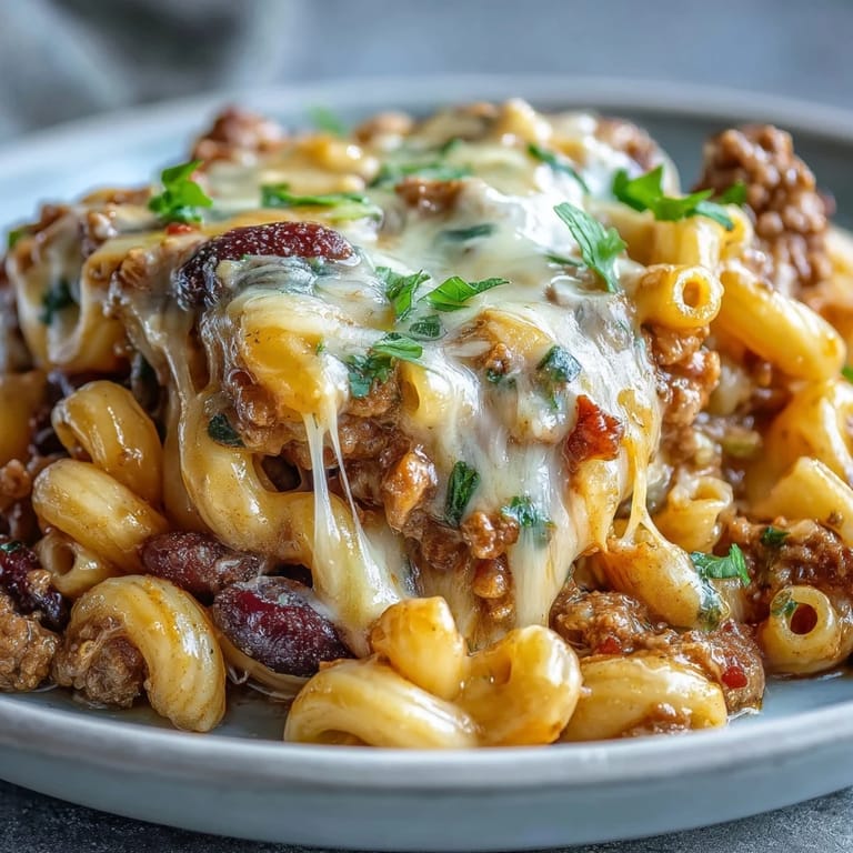 A hearty bowl of One-Pan High Protein Chili Mac topped with green onions, sour cream, and crunchy tortilla chips.