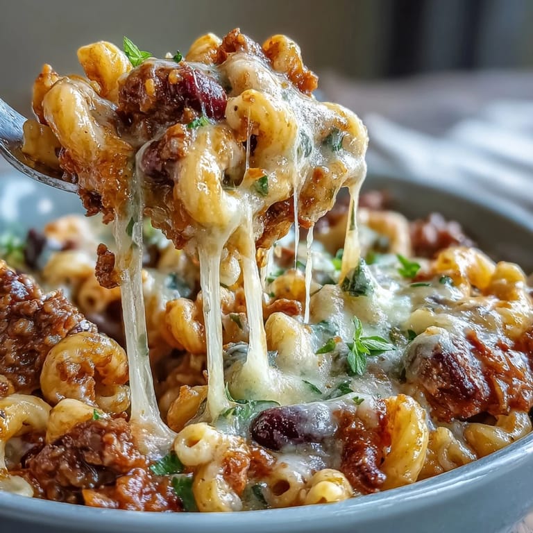 Vibrant One-Pan High Protein Chili Mac with gooey cheddar, diced tomatoes, and black beans in a skillet beside a spoon.