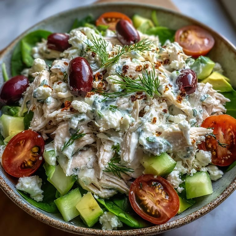 Close-up of creamy Tzatziki Chicken Salad showcasing tender shredded chicken, crisp cucumber, and fresh dill garnish ready for a light lunch.