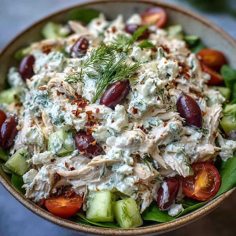 Spoons are ready to serve this chilled Tzatziki Chicken Salad, packed with red onion, feta crumbles, and bright Mediterranean flavors.