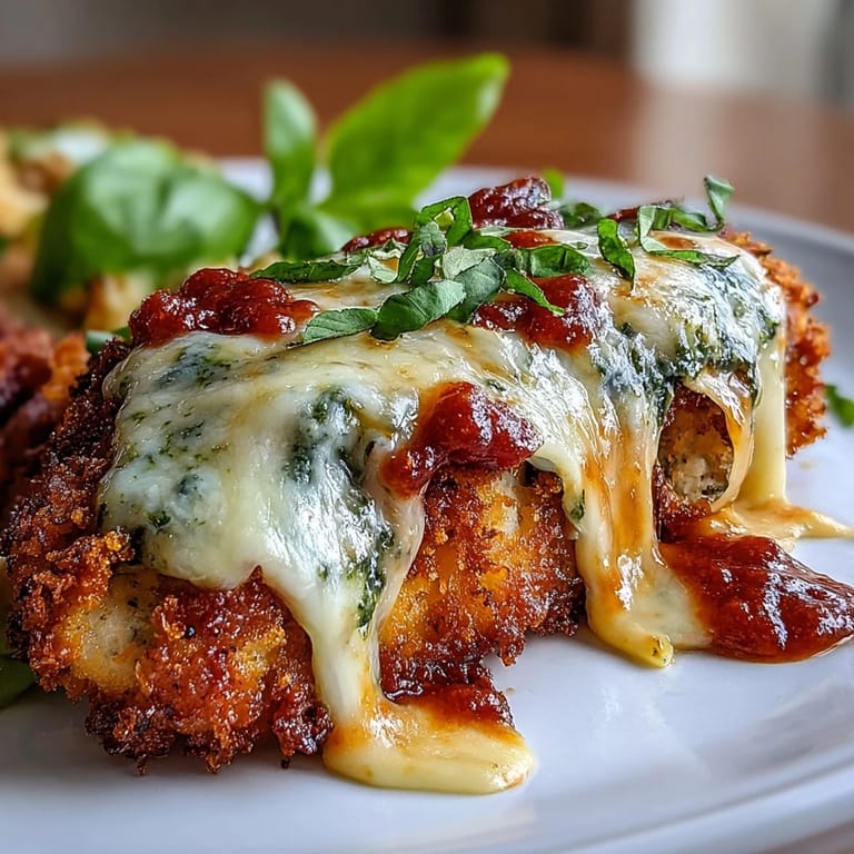 Fresh basil pesto chicken parmesan baked with bubbling cheese, accompanied by garlic bread and a crisp green salad on a rustic table.