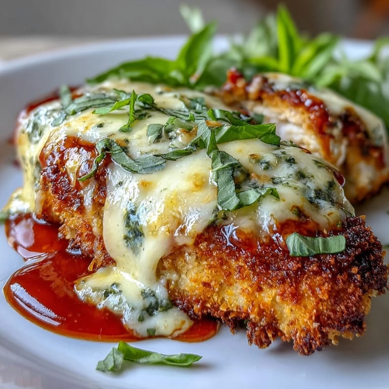 Juicy, crispy chicken parmesan layered with vibrant pesto and marinara sauce, garnished with fresh basil and ready to serve for dinner.