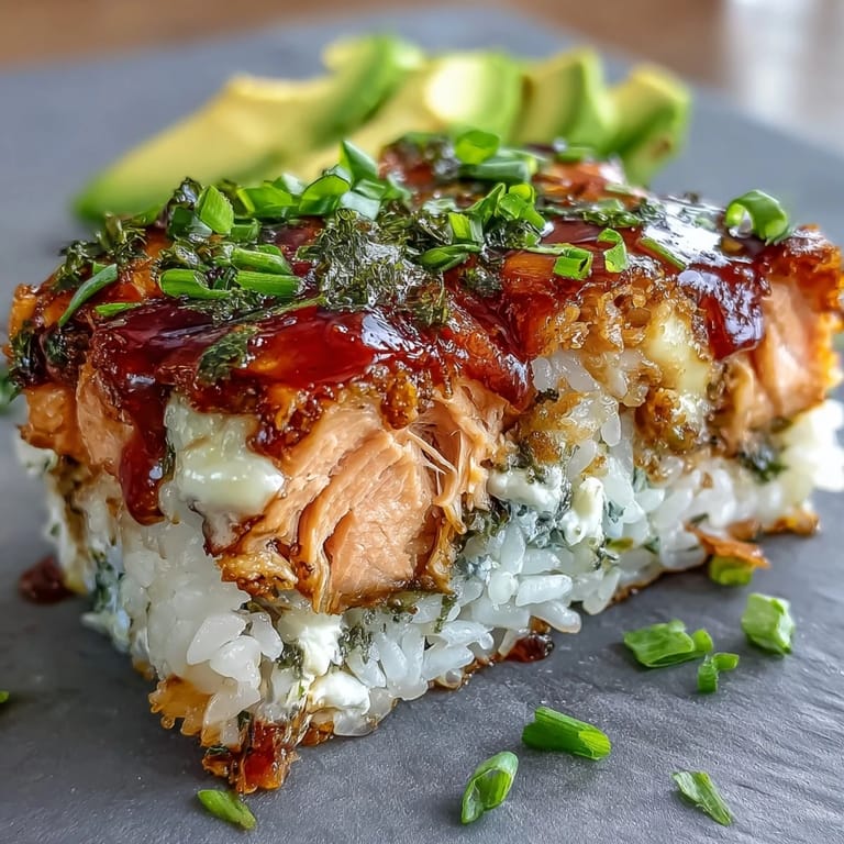 Freshly garnished Spicy Salmon Sushi Bake with sliced avocado and sesame seeds, ready to be scooped onto nori sheets.