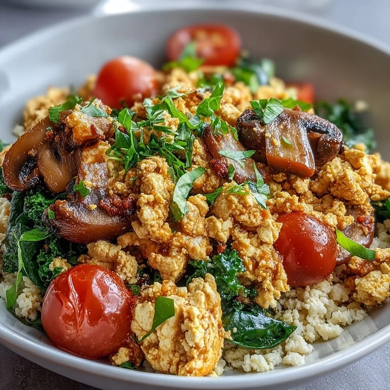 Fresh avocado slices and bright cherry tomatoes garnish a hearty Scrambled Tofu Breakfast Bowl beside a lemon wedge.