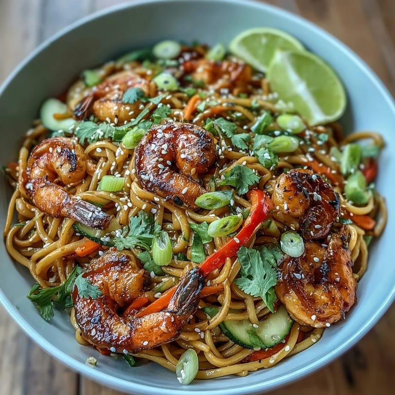 Close-up of 15-Minute Asian Noodle Bowl With Grilled Shrimp showcasing succulent crustaceans nestled on sesame-coated noodles.
