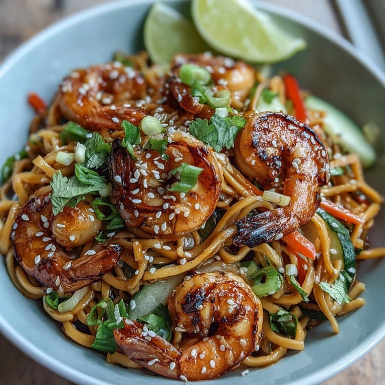 Overhead shot of 15-Minute Asian Noodle Bowl With Grilled Shrimp topped with crunchy carrots and fresh cilantro.