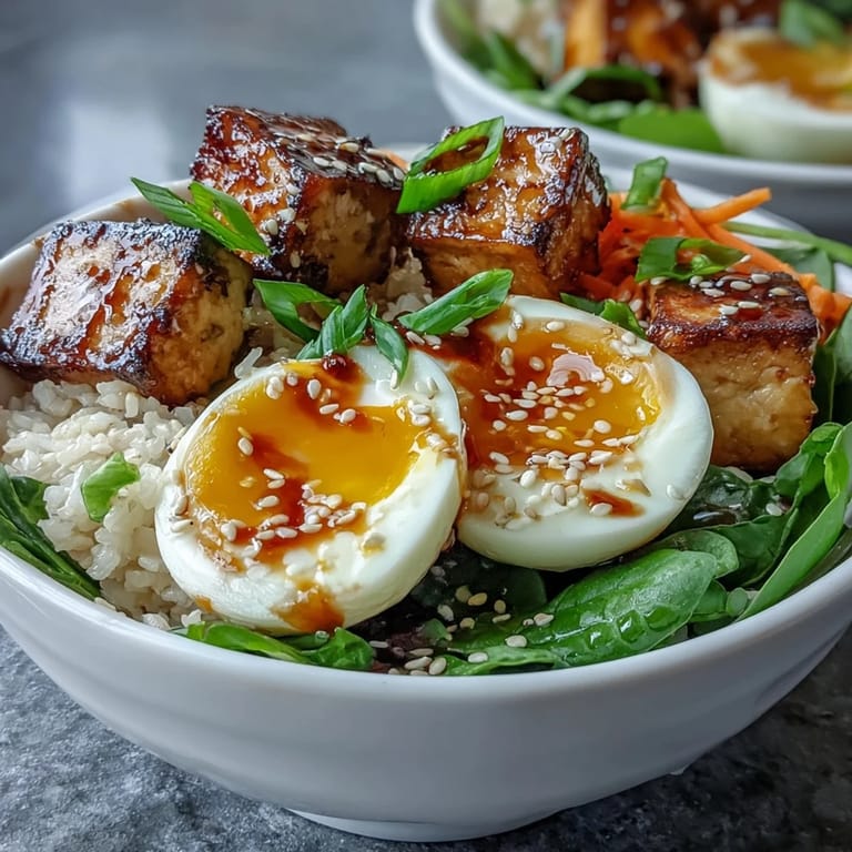 Steamed jasmine rice topped with golden pan-seared tofu, jammy eggs, and crunchy carrots, ready to enjoy for a nourishing American brunch.