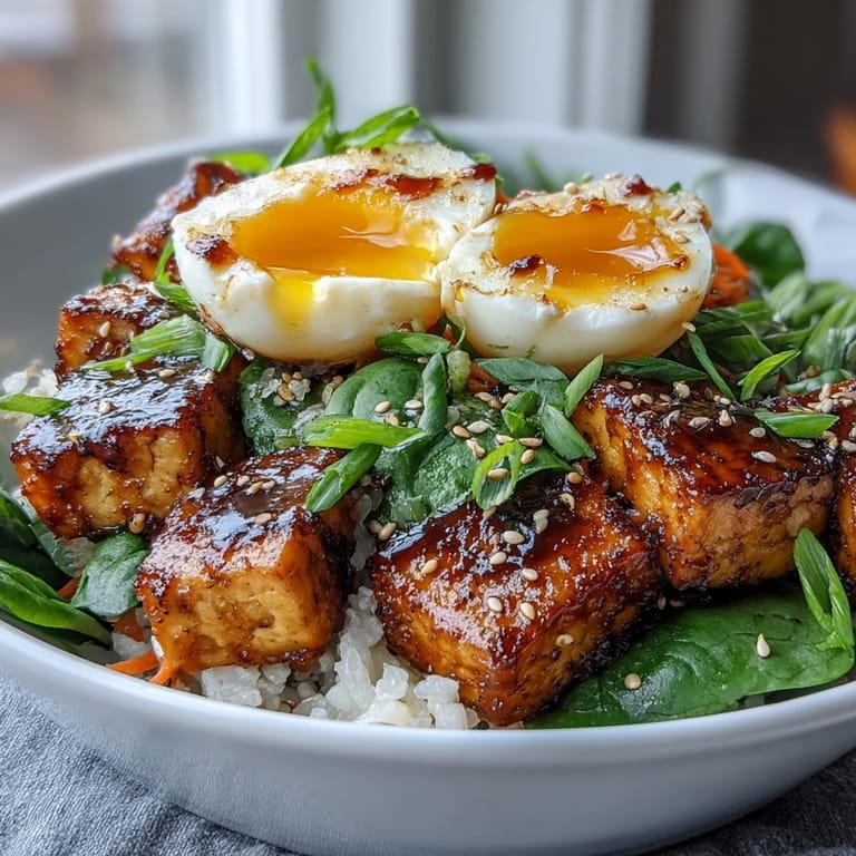 Two vibrant Tofu Jammy Egg Breakfast Bowls featuring spinach, cucumber, and sesame seeds, served with a small bowl of ginger scallion sauce.