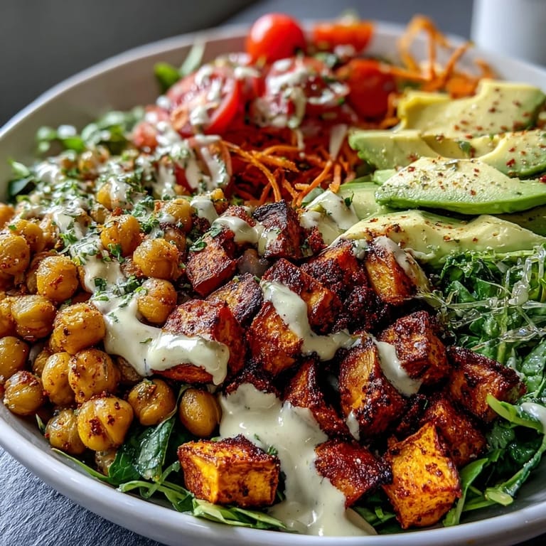 A vibrant Breakfast Buddha Bowl topped with shredded carrot, cherry tomatoes, and a generous drizzle of tahini dressing, perfect for a healthy vegan meal.