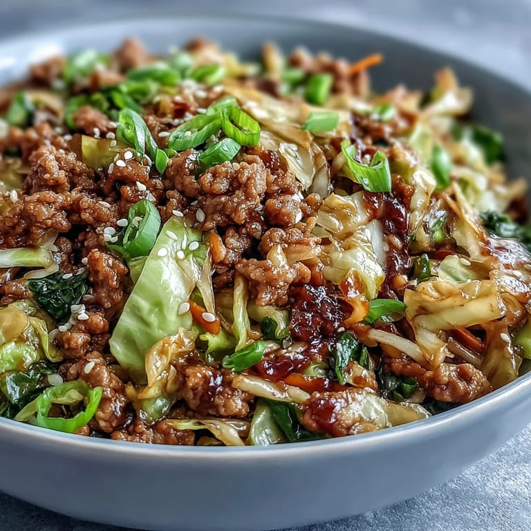 Quick one-pan Egg Roll in a Bowl with fresh ginger, garlic, and sriracha for heat.
