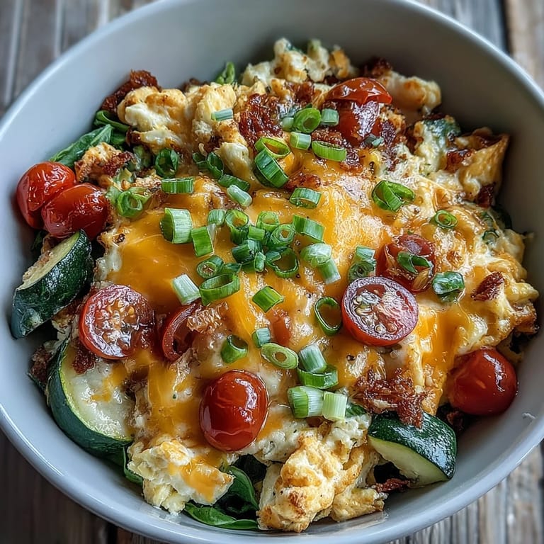 A nutritious vegetarian breakfast bowl topped with green onions and red pepper flakes on a rustic table.