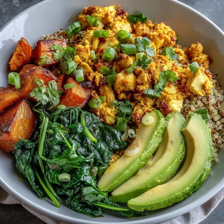 Colorful vegan breakfast bowl with roasted sweet potatoes and fluffy quinoa topped with fresh herbs.