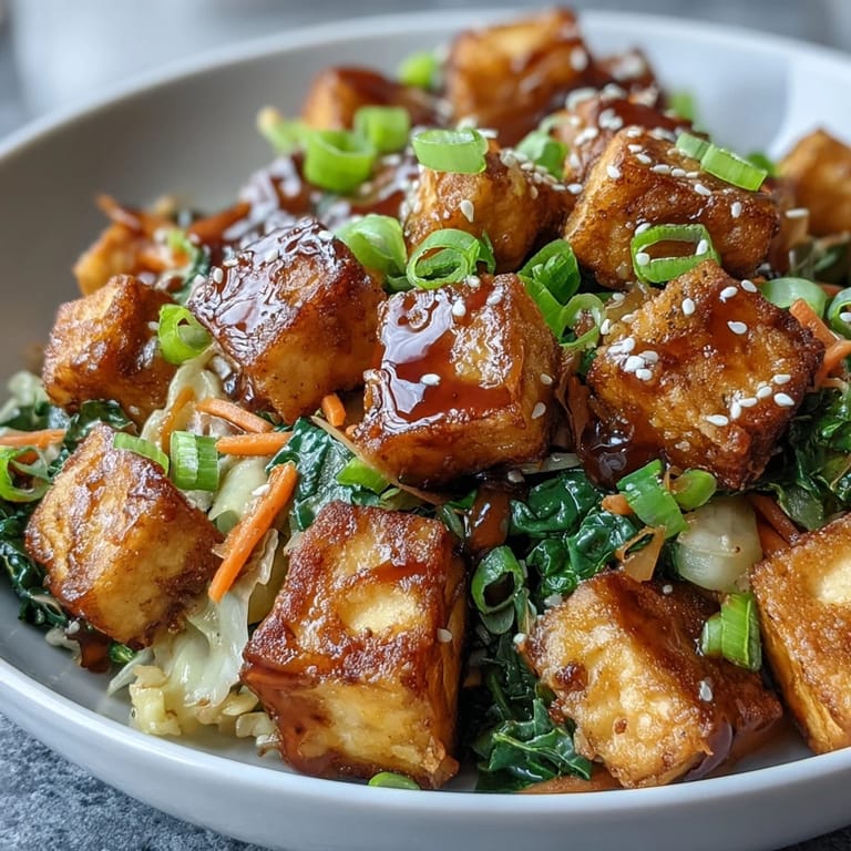 Close-up of sautéed Tofu Egg Roll in a Bowl, featuring crunchy vegetables, wilted spinach, and sesame seeds.