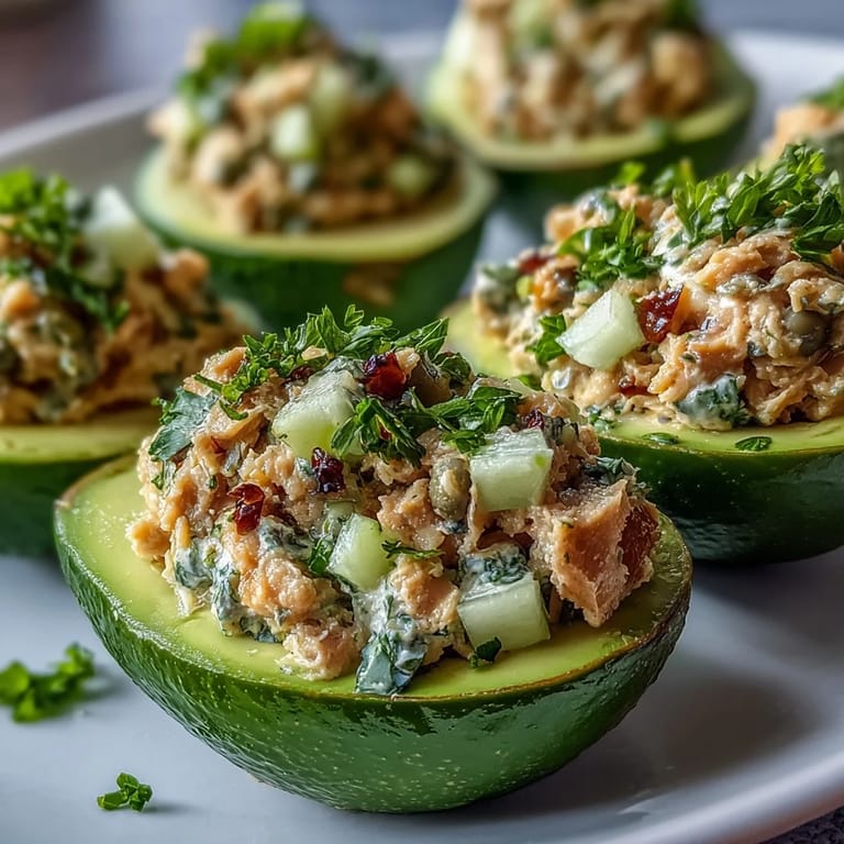 Zesty plant-based chickpea tuna salad generously spooned into ripe avocado halves, garnished with chopped celery and red onion.