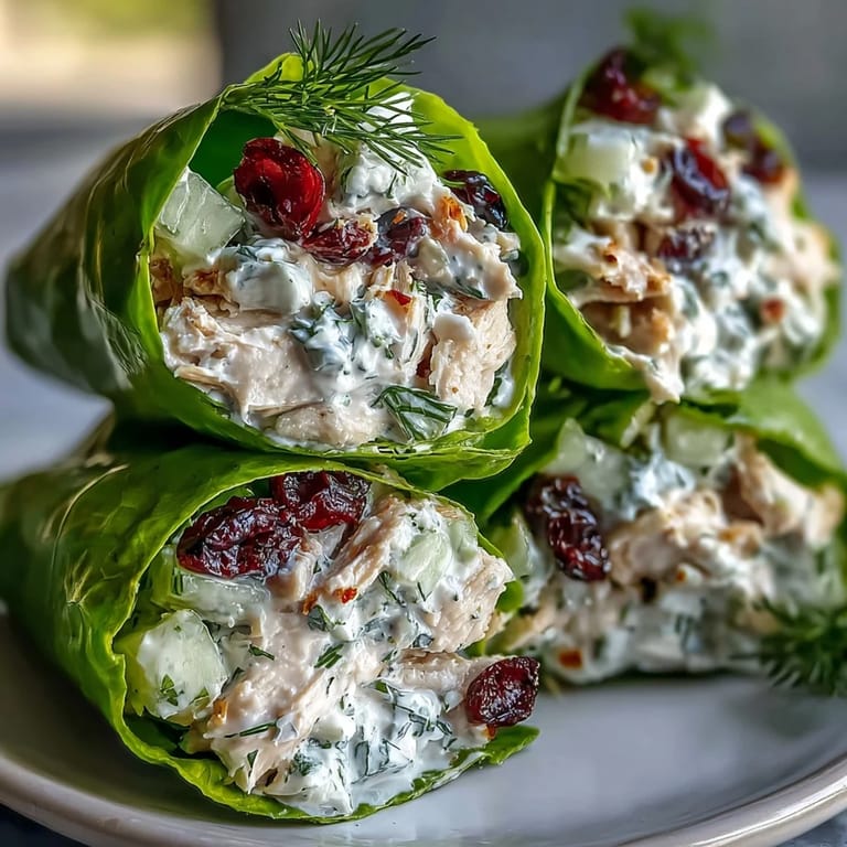 Flavorful Greek yogurt chicken salad lettuce wraps topped with sliced almonds and herbs, served chilled for a refreshing dinner.