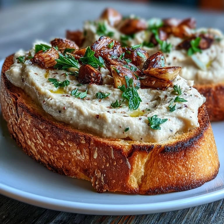 Smooth white bean and roasted garlic spread served on rustic sourdough toast, topped with fresh herbs and a splash of olive oil.