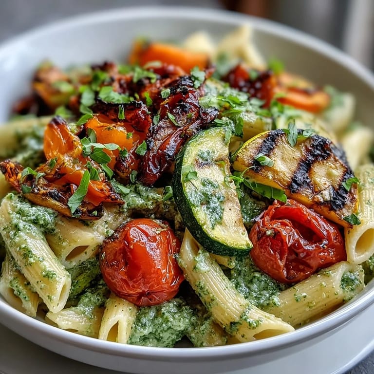 Colorful roasted vegetables tossed with penne pasta and basil pesto, topped with cherry tomatoes.  