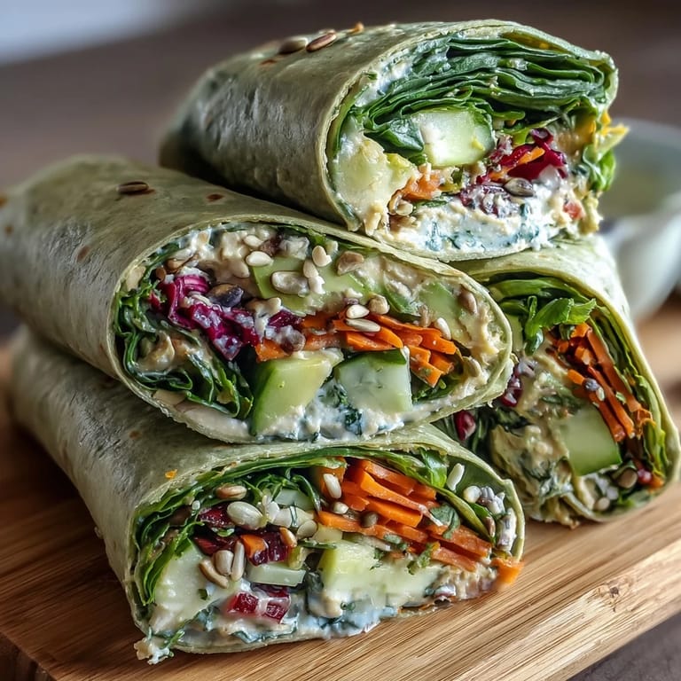 Vibrant spinach tortilla wraps filled with creamy hummus and crisp spring vegetables, perfect for a quick and nutritious lunch.  
