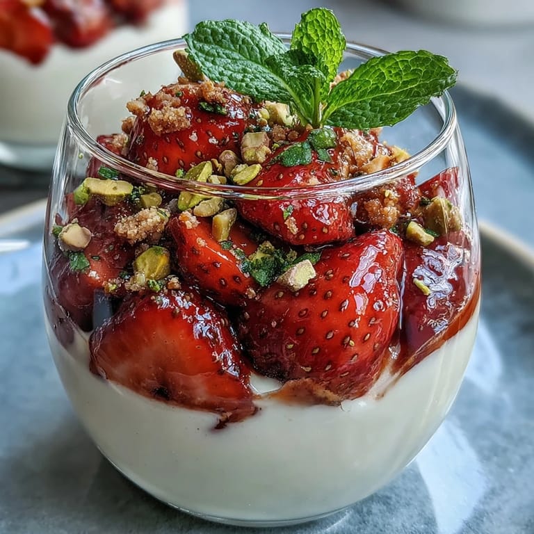 Two servings of pistachio and strawberry breakfast parfait topped with mint leaves, showcasing a colorful mix of red strawberries, green pistachios, and golden granola.