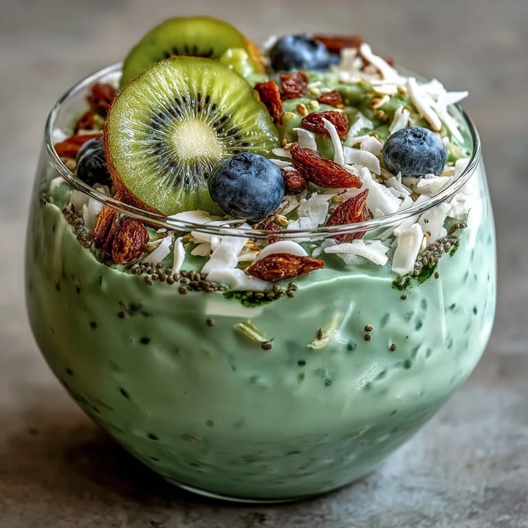 Creamy matcha-infused oats with chia seeds and coconut, served chilled and garnished with colorful fresh berries and a honey drizzle.
