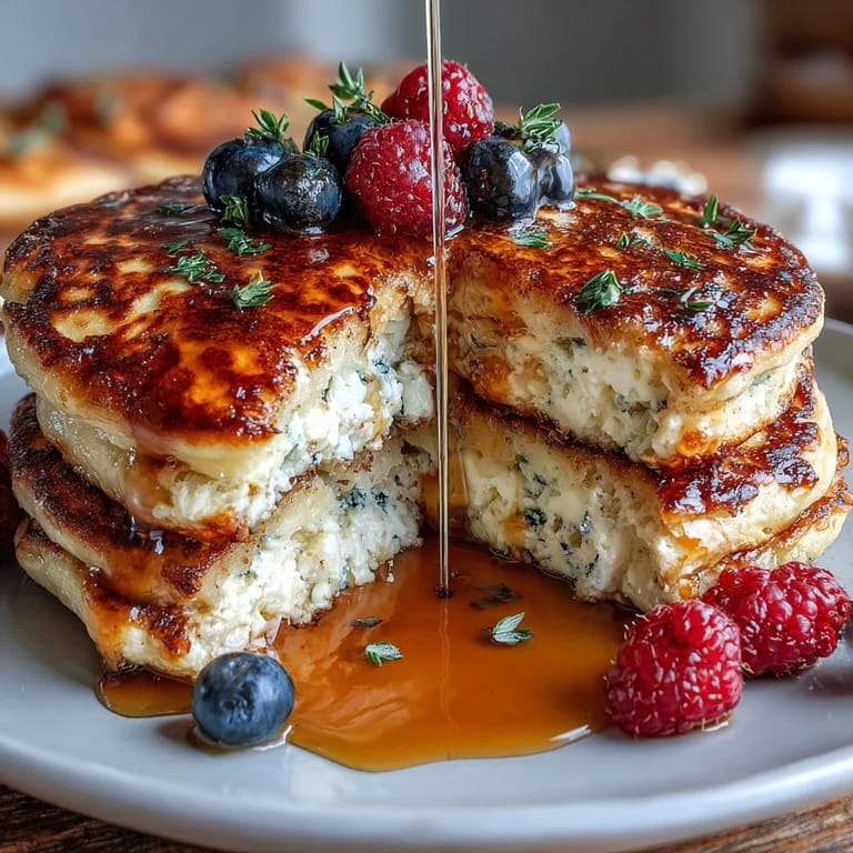 Golden brown cottage cheese and berry protein pancakes stacked high, ready for a nutritious breakfast.  