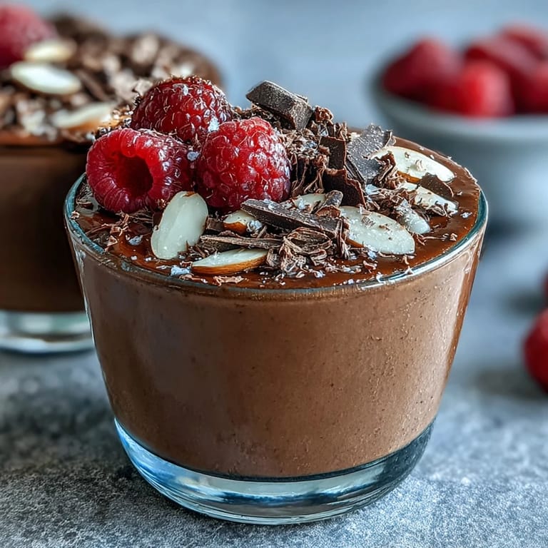 Silky chocolate mousse cups blending cottage cheese and cocoa, served chilled with chocolate shavings and fruit.