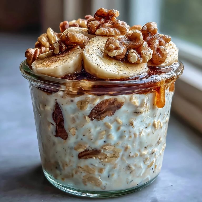Wholesome overnight oats infused with banana and cinnamon, layered with walnuts and banana slices for a satisfying morning meal.  