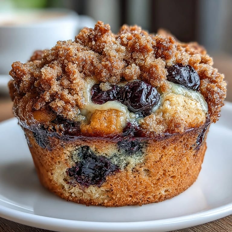 Homemade muffins featuring vibrant blueberries, zesty lemon, and a crunchy sourdough crumb topping.