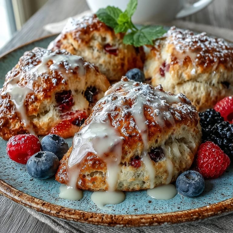 Buttery scones bursting with juicy strawberries and topped with zesty lemon glaze, served with a side of mixed fresh berries.