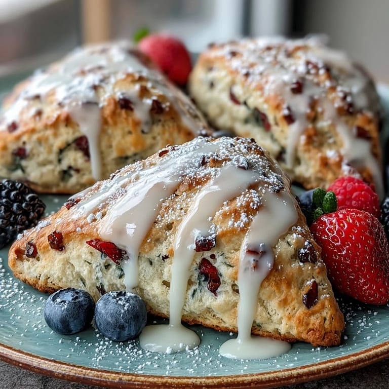 Flaky strawberry scones drizzled with tangy lemon glaze and garnished with vibrant berries, ideal for an elegant tea time treat.