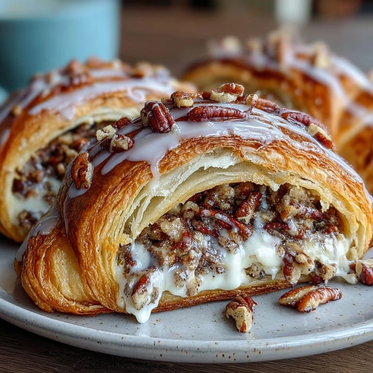 Warm, flaky croissants bursting with spiced pecan filling, decorated in traditional Mardi Gras colors for a festive breakfast or brunch treat.