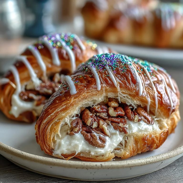 Buttery King Cake croissants oozing with sweet pecan cream, finished with vanilla icing and vibrant sanding sugars in celebration of Carnival season.