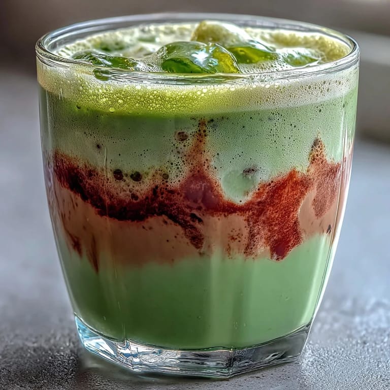 Refreshing iced strawberry matcha latte topped with rich vanilla sweet cream, perfect for a cool and flavorful summer beverage.