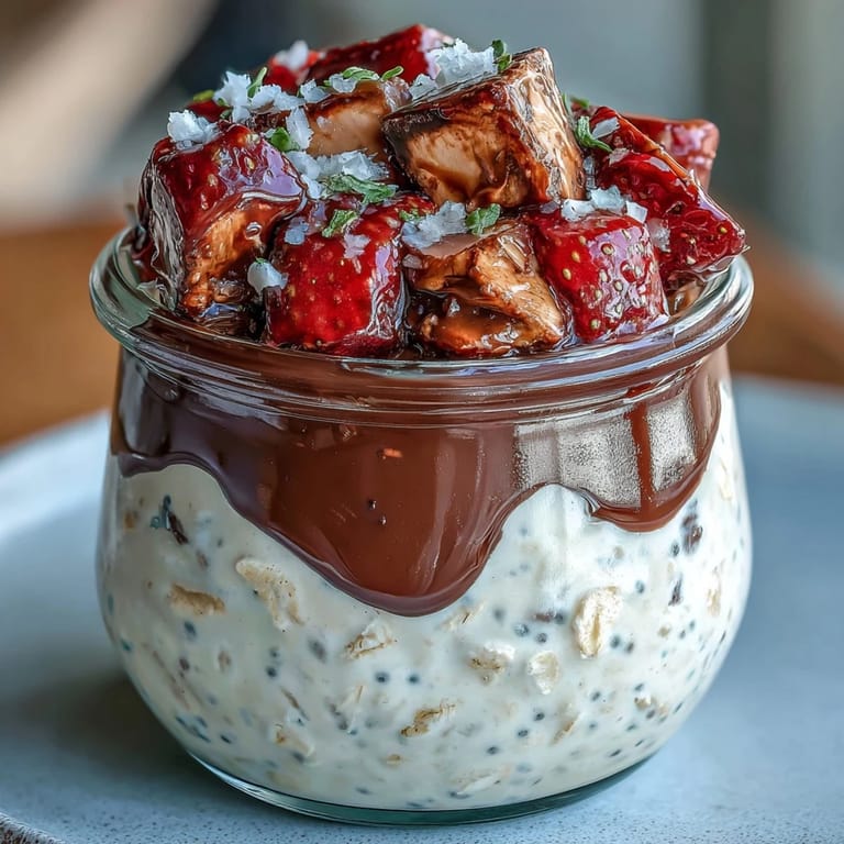 Decadent strawberry chocolate chunk overnight oats with vibrant red berries and dark chocolate for a satisfying breakfast or dessert.