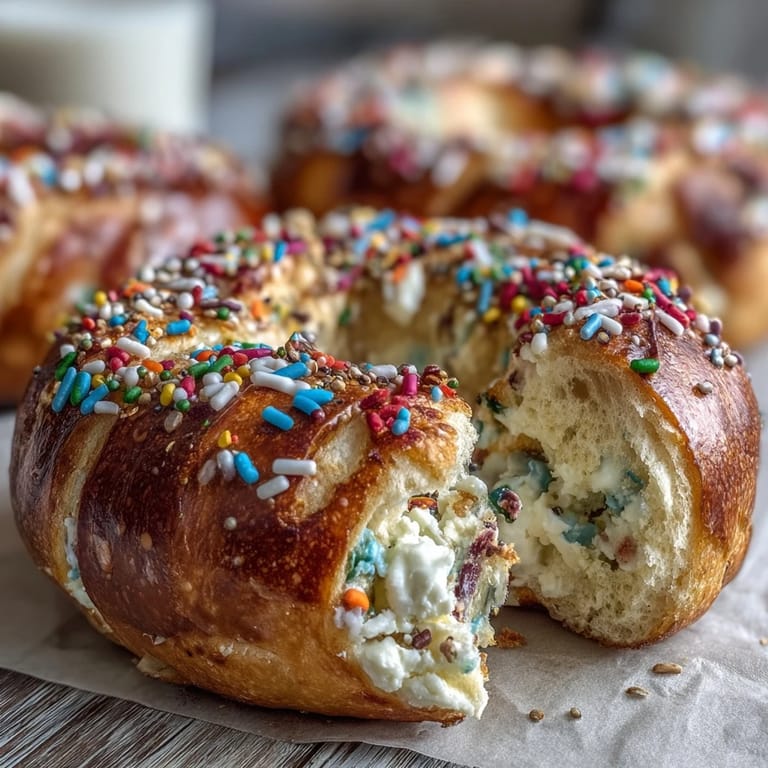 High-protein bagels bursting with rainbow sprinkles and vanilla flavor, ideal for celebrating or enjoying a sweet, healthy breakfast.