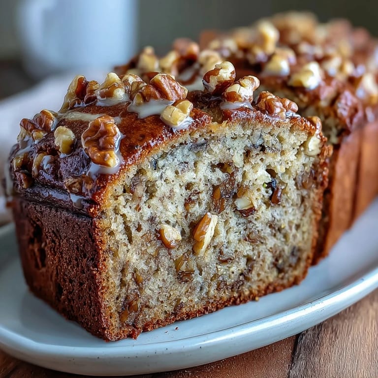 Slice of tangy sourdough banana nut bread topped with a caramelized brown sugar crust, ideal for a cozy morning treat.