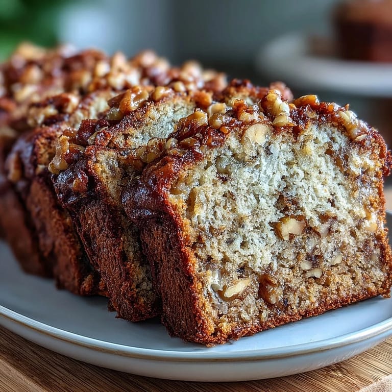 Warm loaf of banana bread made with sourdough discard, toasted walnuts, and a crisp brown sugar topping straight from the oven.  