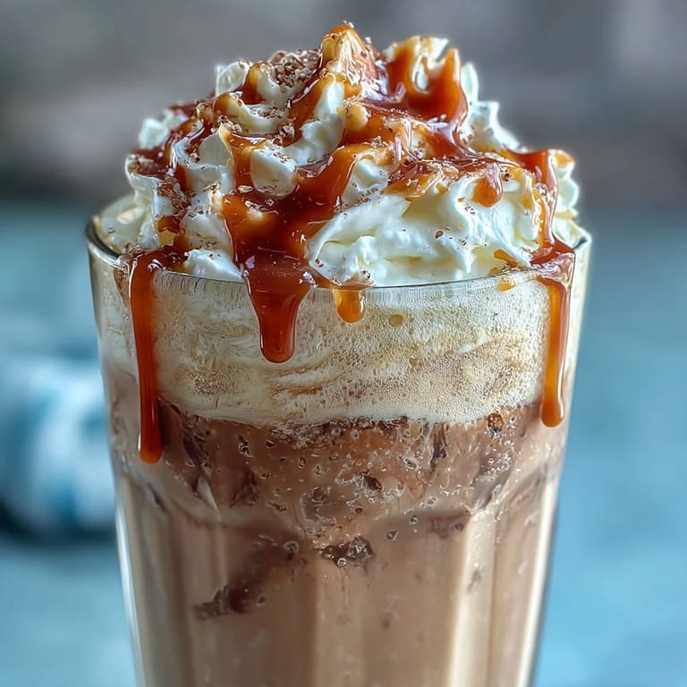 Two glasses filled with a smooth, vanilla bean frappuccino, each crowned with fluffy whipped cream and a generous swirl of caramel sauce.