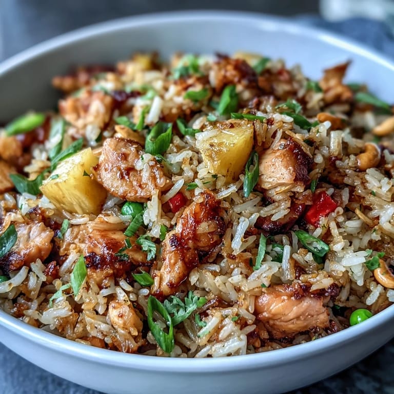 Sweet pineapple and tender chicken stir-fried with jasmine rice, bell peppers, and crunchy cashews for a satisfying meal.  