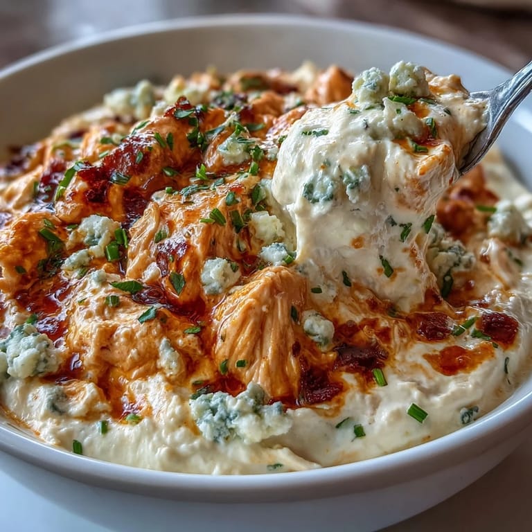 High-protein cottage cheese Buffalo chicken dip loaded with shredded chicken, spicy sauce, and melted cheddar cheese for a crowd-pleasing appetizer.  