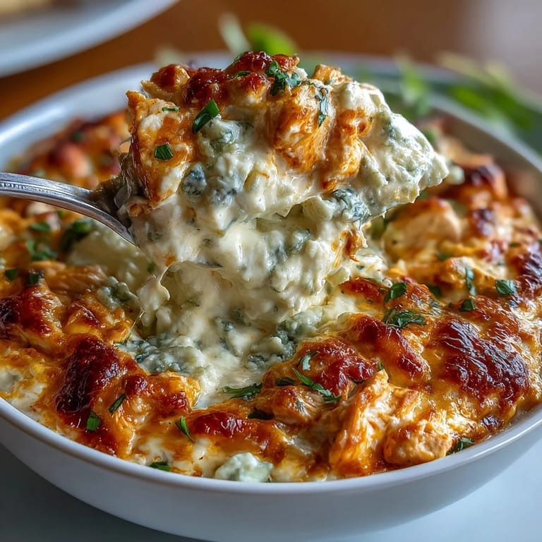 Spicy Buffalo chicken dip with cottage cheese and Greek yogurt, garnished with blue cheese crumbles and perfect for game day snacking.